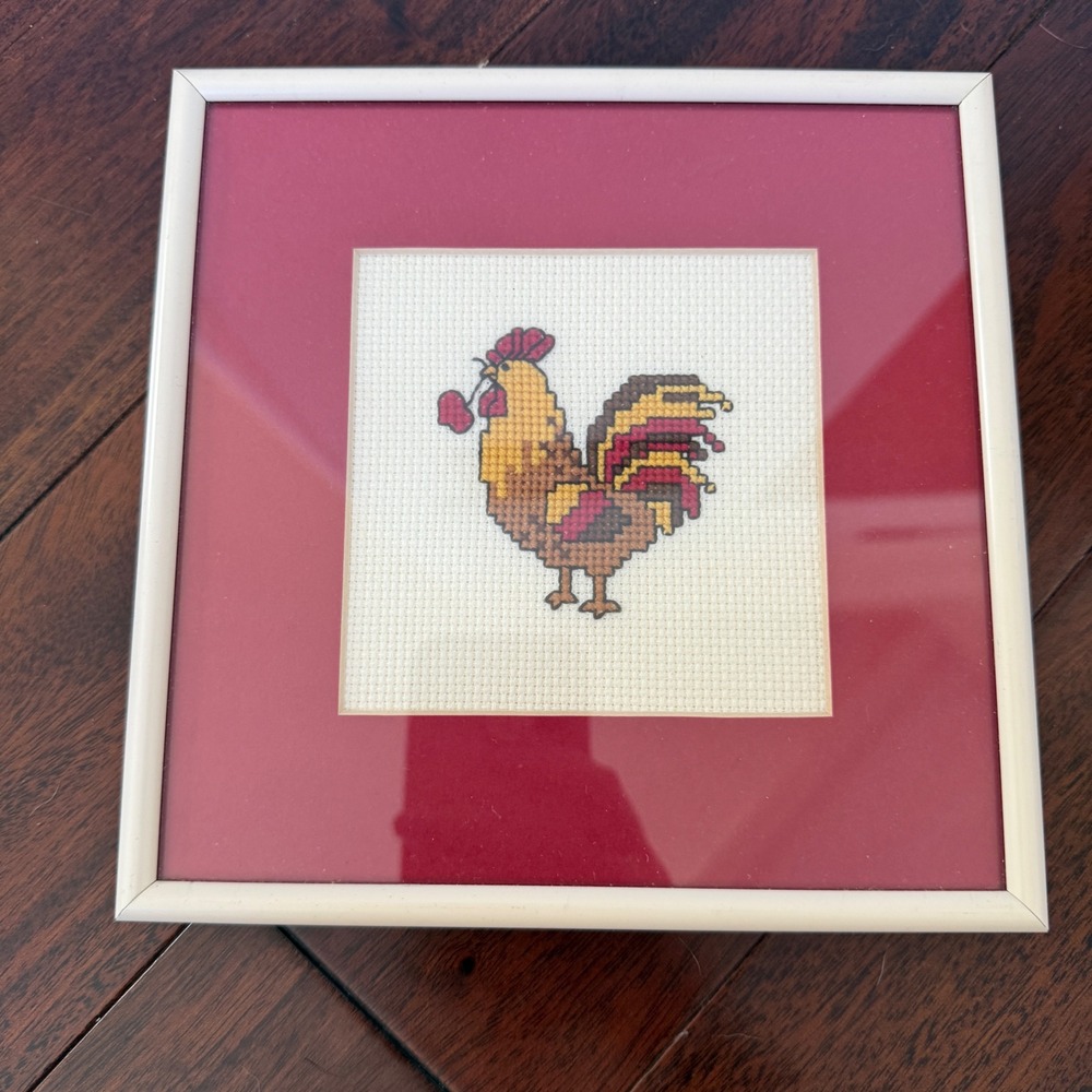 Vintage Framed Rooster Cross Stitch Needlepoint Folk Art Farmhouse Kitchen 7"